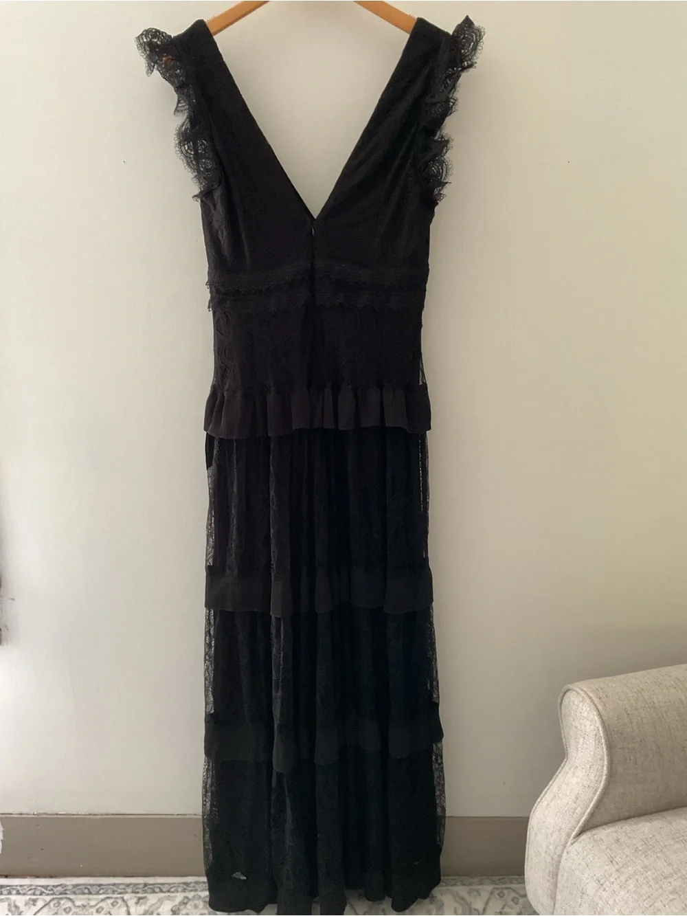 Lulus Marvelous Darling Black Crochet Lace Ruffled Tiered V-Neck Maxi Dress - Picture 8 of 16